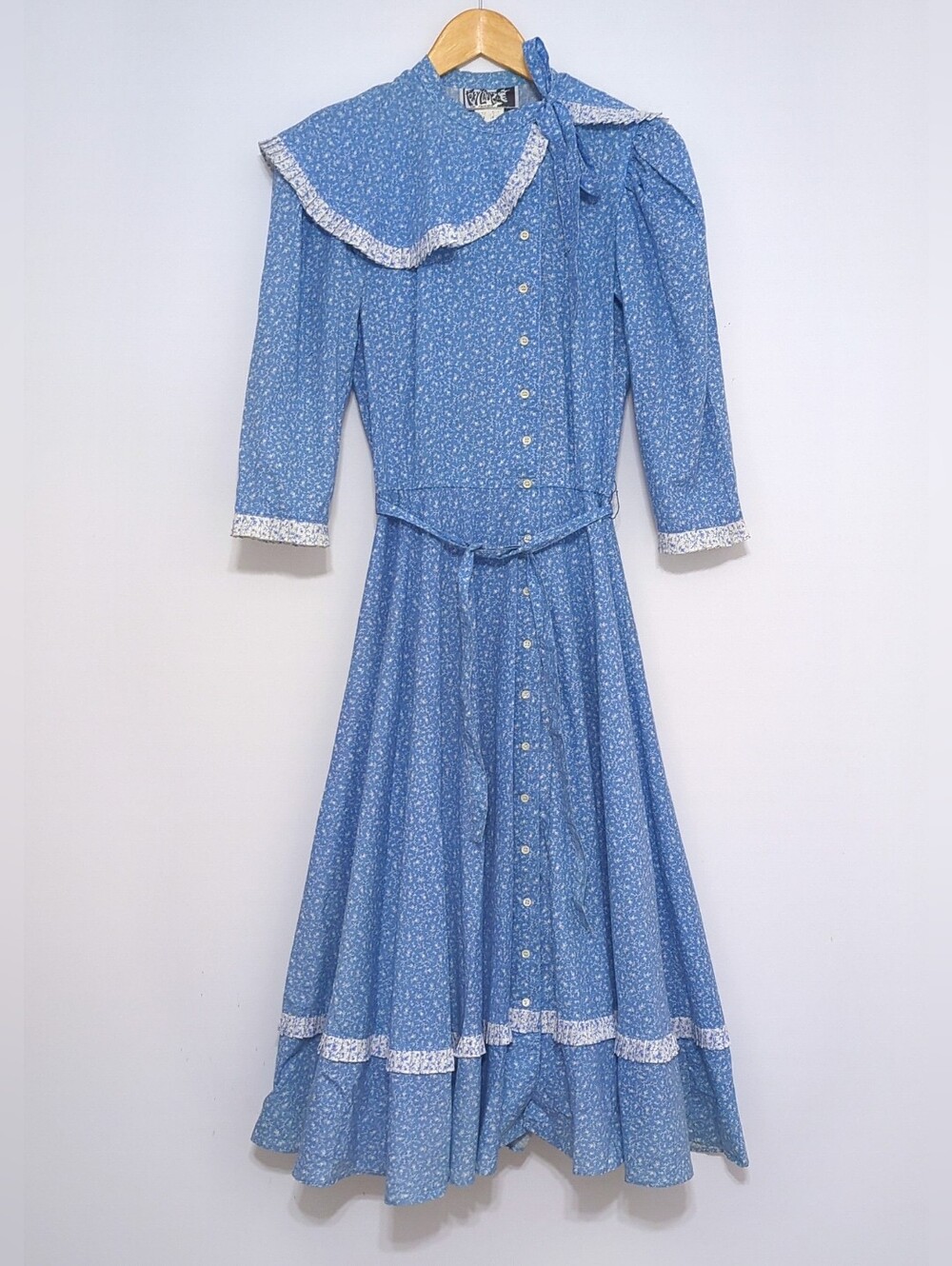 Vintage Foxy Lady Prairie Dress Blue Ditsy Floral Ruffle Collar Made in USA Sz 4 - Picture 6 of 7